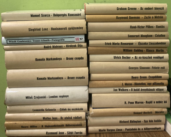 Graham Greene, Manuel Scorza, Siegfried Lenz, Witold Gombowicz, André Malraux, Kamala Markandaya, Milos Crnjanski, Leonardo Sciascia, Walter Jens, Henry Miller, Raymond Jean, Raymond Queneau, René-Victor Pilhes, Somerset Maugham, Erich Maria Remarque, William Golding, Ulrich Becher, Georges Simenon, Henry Green, I. Meras, Jan Wolkers, R. Penn Warren, Samuel Beckett, Richard Aldington, Mario Vargas LLosa: 26 db a Világkönyvtár sorozatból antikvár