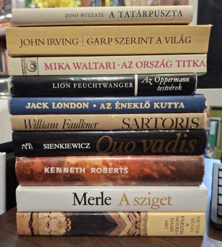 Dino Buzzati, John Irving, Mika Waltari, Lion Feuchtwanger, Jack London, William Faulkner, Sienkiewicz, Kenneth Roberts, Robert Merle, Victor Hugo: 10 db-os világirodalmi KÖNYVMENTŐ AJÁNLAT: A tatárpuszta, Garp szerint a világ, Az orosz titka, Az Oppermann testvérek, Az éneklő kutya, Sartoris, Quo vadis, Északnyugati átjáró, A sziget, A párizsi Notre-Dame 1482 antikvár