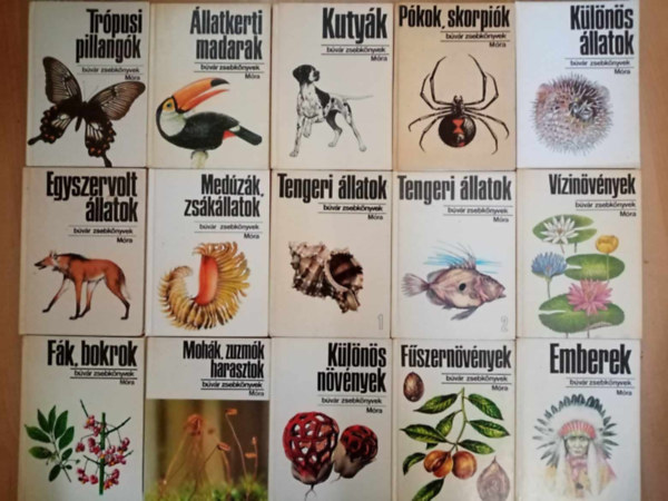 Búvár Zsebkönyvek: (15db) Búvár zsebkönyvek könyvcsomag az állat- és növényvilágról: Trópusi pillangók / Állatkerti madarak / Kutyák / Pókok, skorpiók / Különös állatok / Egyszervolt állatok / Medúzák, zsákállatok / Tengeri állatok 1-2. / Vízinövények / Fák, bokrok antikvár