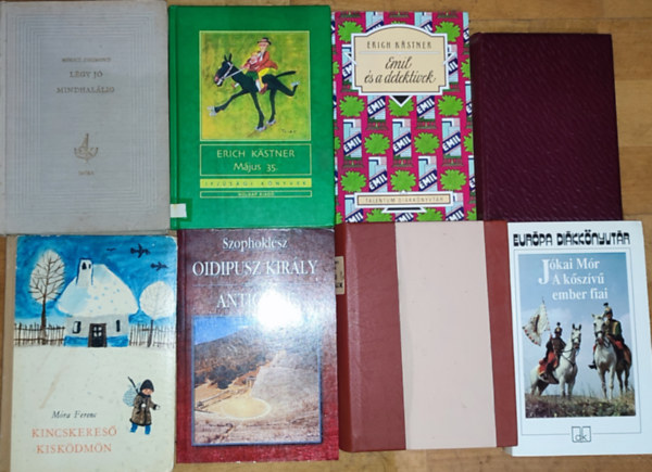 Erich Kästner, Móra Ferenc, Móricz Zsigmond, Gárdonyi Géza, Jókai Mór, Szophoklész: 8db kötelező olvsmány - Erich Kastner-Emil és a detektívek, Május 35., Móra-Kincskereső kisködmön, Móricz-Légy jó mindhalálig, Jókai-A kőszívű ember fiai, Gárdonyi-Egri csillagok, Szophoklész-Oidipusz király/Antigoné, Madách-Az ember tragédiája antikvár