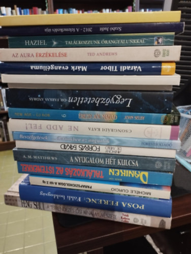 Szabó Judit, Silva, J.-Stone, R., Ted Andrews, Haziel, Váradi Tibor, Aranyi Lászlóné, Terah Kathryn Collins, Schmidtné Dr. Holló Erzsébet, Dr. Farkas András, John Selby, Csongrádi Kata, Mark, Barbara-Griswold, Trudy, Anthony De Mello, A.M. Matthews, Erich von Däniken, Michéle Curcio, Pósa Ferenc: Ezétéria könyvcsomag 16 darabos KÖNYVMENTŐ AJÁNLAT: 2012 - A felemelkedés útja, Az aura érzékelése , Találkozzunk őrangyalunkkal, Márk evangéliuma a szellemtudomány fényében,  Gyógyító nemeskövek , antikvár