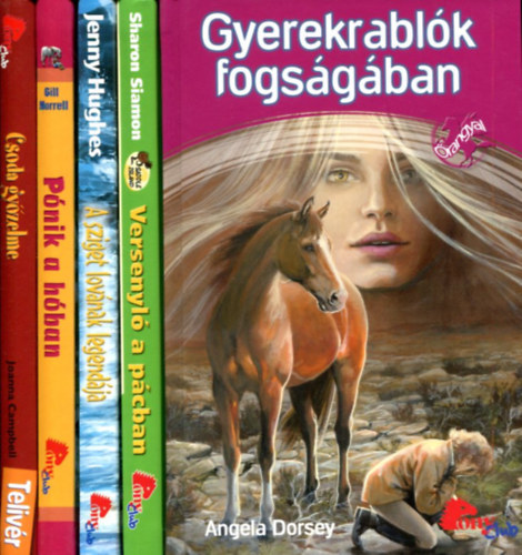 Több szerző: 5 db lovas ifjúsági kötet: Versenyló a pácban - A sziget lovának legendája - Pónik a hóban - Csoda győzelme - Gyerekrablók fogságában antikvár