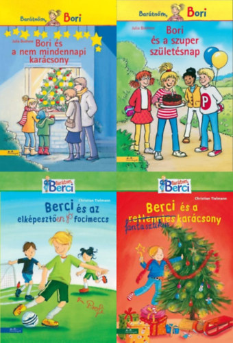 Christian Tielmann, Julia Boehme: 4 db ifjúsági regény a Barátom, Berci és a Barátnőm, Bori sorozatból: Berci ​és a fantasztikus karácsony + Berci ​és az elképesztően jó focimeccs + Bori ​és a nem mindennapi karácsony + Bori ​és a szuper születésnap antikvár