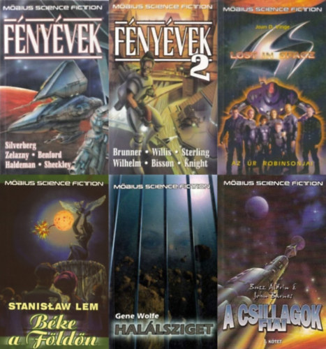 Buzz Aldvin, John Barnes, Stanislaw Lem, Wizner Vég Balázs, Gene Wolfe, Joan D. Vinge, Bruce Sterling, Connie Willis, John Brunner, Terry Bisson, Allen Steele, Damon Knight, Joanna Russ, Kate Wilhelm, Stephen Baxter, Brian Stableford, James Patrick Kelly, David Langford, Joe Haldeman, Robert Sheckley, Gregory Benford, Roger Zelazny, Robert Silvenberg: 6 db Möbius Science Fiction sci-fi regény (7 mű 6 kötetben): Fényévek 1-2. - Science fiction antológia + Lost in Space - Az űr Robinsonjai + A pilóta / Halálsziget + Béke ​a Földön + A csillagok fiai I. antikvár