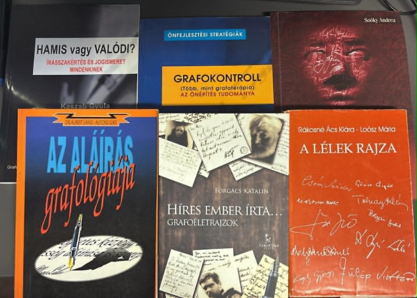 Több szerző: Grafológiai könyvcsomag (6 darab) Hamis vagy valódi?; Grafokontroll; A kézírás hangjai; Az aláírás grafológiája; Híres ember írta...; A lélek rajza antikvár
