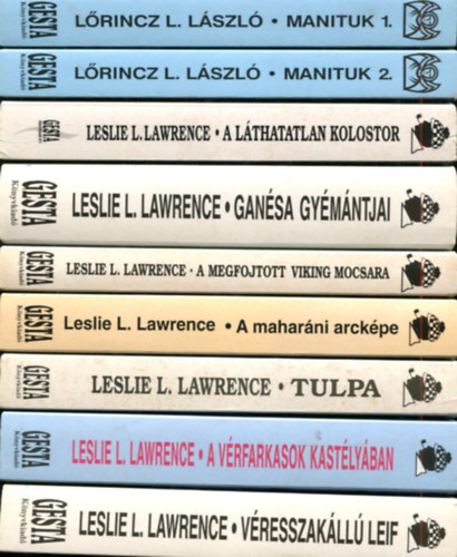 Leslie L. Lawrence: 9 db Leslie L. Lawrence kötet:Véresszakállú Leif - A vérfarkasok kastélyában - Tulpa -  A maharáni arcképe - A megfojtott viking mocsara - Ganésa gyémántjai - A láthatatlan kolostor - Manituk I-II. antikvár