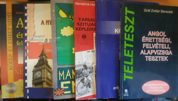 6 db Angol középfok (BME - Írásbeli mintafeladatok gyűjteménye); Angol érettségi, felvételi, alapvizsga tesztek;Társalgás, szituációk, képleírások; Management English; Készüljunk a nyelvvizsgára!; Angol érettségi feladatgyűjtemény (Közép- és emelt szint) antikvár