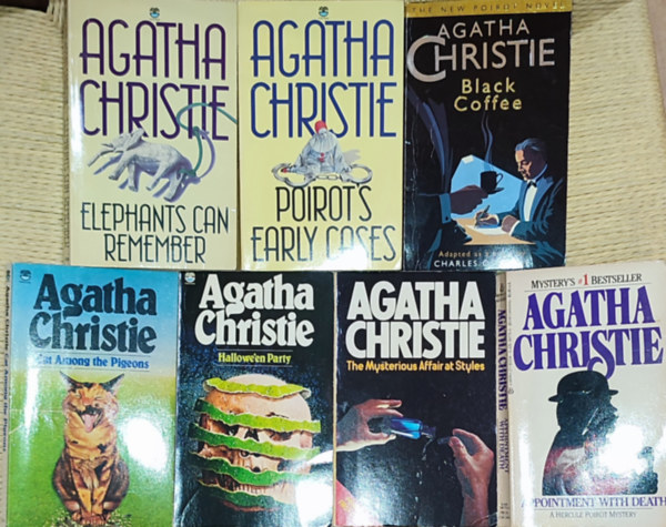 Agatha Christie: 7db angol nyelvű Agatha Christie regény - Cat Among the Pigeons, Hallowe'en Party, The Mysterious Affair at Styles, Appointment with Death, Black Coffee, Poirot's early cases, Elephants can remember antikvár