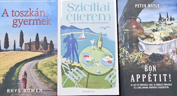 Rhys Bowen, Peter Mayle, Ro Corradin: 3 db mediterrán romantikus regény: Szicíliai étterem (KÜLÖNLEGES, ÉLDEKORÁLT KIADÁS) +  A toszkán gyermek + Bon ​appétit! antikvár