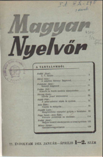 Beke Ödön: Magyar nyelvőr 1953  évi teljes évfolyam (egybekötve ) antikvár