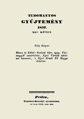 Tahy Gáspár: Tudományos gyűjtemény 1837. XII. könyv