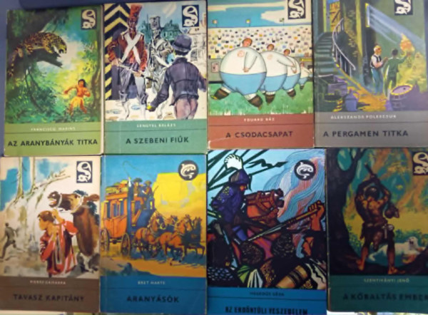 F. Marins, Lengyel Balázs, Eduard Báz, Alekszandr Polescsuk, Pierre Gamarra, Bret Harte, Hegedűs Géza, Szentiványi Jenő: Delfin könyvek könyvcsomag 8 darab) Aranyásók; Tavasz kapitány; A pergamen titka; A csodacsapat; A szebeni fiúk; Az aranybányák titka; Az erdőntúli veszedelem; A kőbaltás ember antikvár