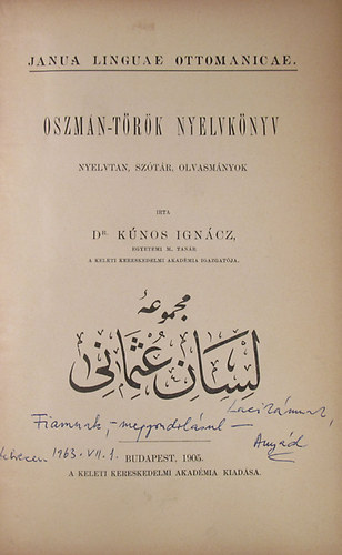 Dr. Kúnos Ignácz: Oszmán-török nyelvkönyv, nyelvtan, szótár, olvasmányok antikvár