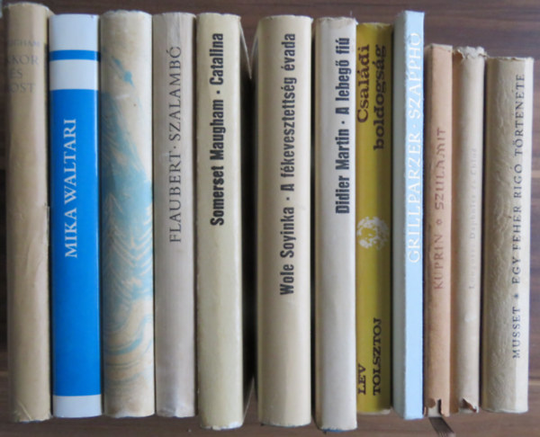 William Somerset Maugham, Mika Waltari, Björnson, Gustave Flaubert, Wole Soyinka, Lev Tolsztoj, Franz Grillparzer, Kuprin, Longosz, Alfred De Musset: 12 db kötet szépirodalom - klasszikusok: Egy fehér rigó története + Daphnisz és Chloé + Szulamit + Szapphó + Családi boldogság + A lebegő fiú + A fékevesztettség évada + Catalina + Szalambó + Arne + Akkor és most + Waltari kisregények antikvár