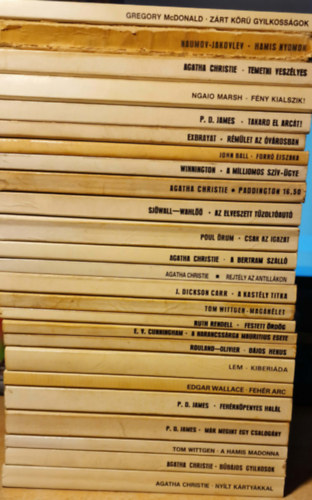 Gregory McDonald, Naumov-Jakovlev, Agatha Christie, Ngaio Marsh, P.D. James, Exbrayat, John Ball, Winnington, Maj Sjöwall-Per Wahlöö, Poul Örum, John Dickson Carr, Tom Wittgen, Ruth Rendell, E.V. Cunningham, Jean-Paul Rouland-Claude Oliver, Stanislaw Lem, Edgar Wallace: 25db Európa könyvkiadó könyvek. antikvár