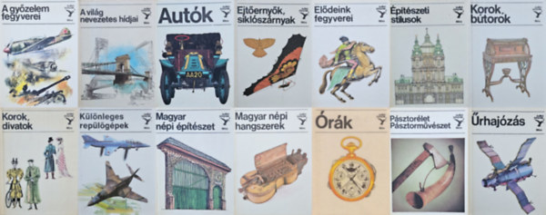 Matthaeidesz Konrád, Mandel Róbert, S. Kovács Ilona, Nagy István György, Horváth Árpád, Bárth János, Sárhidai Gyula, Mialkovszky Erzsébet, Kiss Éva, Kelényi György, Tóth Loránd, Bálint Sándor, Dr. Jasinszky István: 14 db Kolibri könyvek: A győzelem fegyverei + A világ nevezetes hídjai + Autók + Ejtőernyők, siklószárnyasok + Elődeink fegyverei + Építészeti stílusok + Korok, bútorok + Korok, divatok + Különleges repülőgépek + Magyar népi építészet + Órák + Űrhajózás antikvár